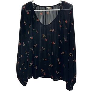 Ana Black Floral Blouse Womens XXL Sheer Elastic Cuffs Feminine Fairy Whimsigoth